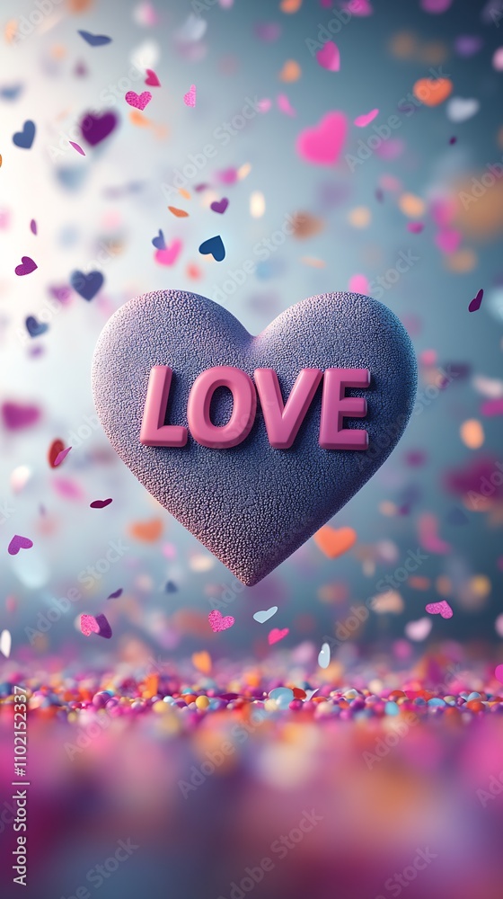 Poster heartfelt love symbol surrounded by colorful floating confetti : generative ai