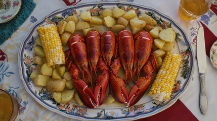 Freshly Cooked Lobster on a Decorative Platter with Potatoes