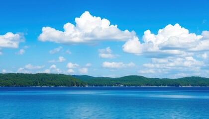 Serene lake landscape under a vibrant blue sky with fluffy white clouds and lush green hills.