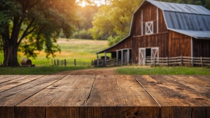 Rustic wood board empty mockup table surface with vintage wooden barn on a farm background