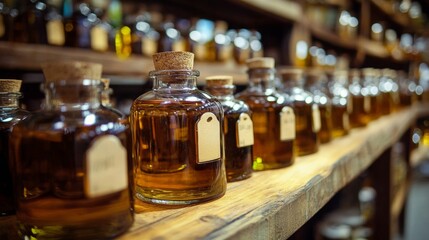Row of vintage glass bottles with corks on wooden shelves