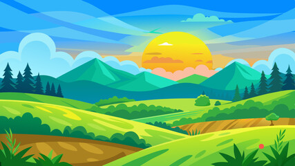 Obraz premium Vibrant summer fields at dawn showcasing rolling hills and a radiant sun rising behind majestic mountains