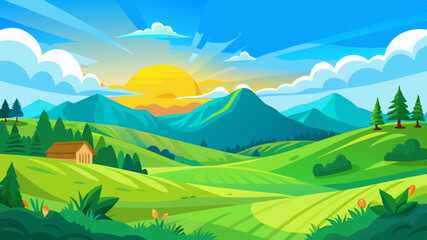 Obraz premium Beautiful summer fields landscape at dawn with vibrant colors and serene mountains