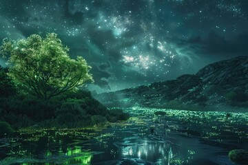 Glowing Trees and Fireflies Reflecting in a Tranquil Lake Under a Starry Sky