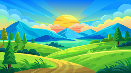 Fototapeta premium Summer fields landscape at dawn with mountains and vibrant sky illuminating the serene valley