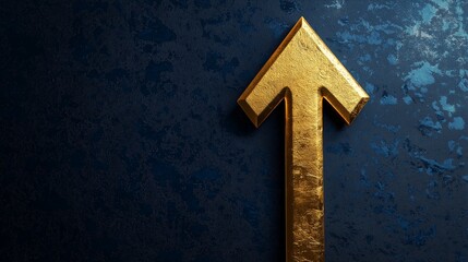 Shiny golden arrow pointing upward on a textured deep blue background of success