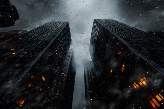 Dark city skyscrapers during a blizzard.