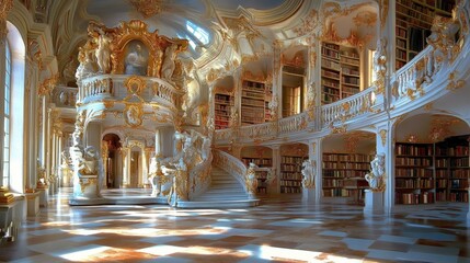 Fototapeta premium Magnificent Baroque Library Interior with Ornate Architecture and Books