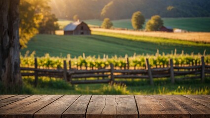Rustic wood board empty mockup table surface with wooden fence, old barn, and farm fields background