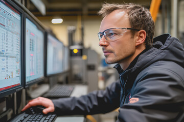 Fototapeta premium Engineer Manager monitors and controls robotic arm automation system in factory using software.