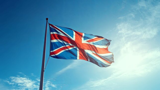 Union Jack Flag Waves in Sunny Sky