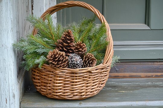 Basket with pinecones and evergreen branches on porch.