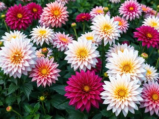 A stunning array of dahlias in full bloom amidst lush greenery, dahlias, summer blooms