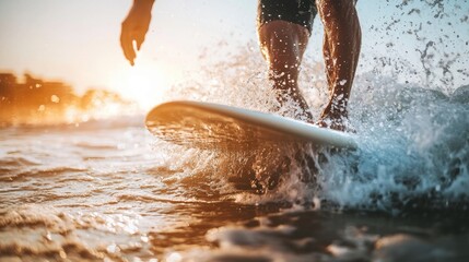 Surfer Carving Through Waves While Enjoying a Sunny Vacation by the Ocean Shoreline