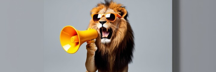 Cool lion in sunglasses holding megaphone. Marketing, sale, discount concept. Website banner. Copy space template
