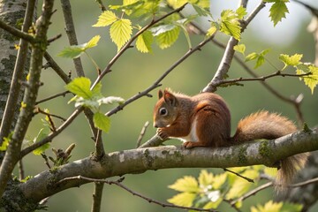 Obraz premium A tiny red squirrel curled up on a small branch of a deciduous tree basking in sunlight, woodland, deciduous tree, red squirrel, wildlife, forest floor