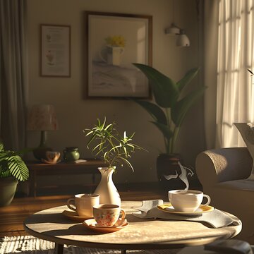 Natural elements like plants and earthy tones create a relaxing and inviting living space, a cup of helf drank coffee placed on the center of coffee table, warm cup feelings , wood coffee table .
