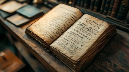 Obraz premium Open antique book with aged pages and handwritten text rests on a wooden surface.