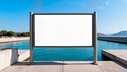Street banner mockup PSD by a marina with water reflections