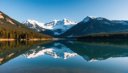 Obraz premium Serene mountain lake reflecting snow-capped peaks under a clear blue sky.
