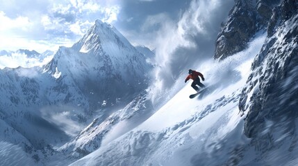 Thrilling Snowboard Adventure on a Snowy Mountain Landscape with Dramatic Skies