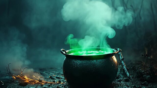 Mystical cauldron bubbling with green potion in a dark forest at night surrounded by mist and shadows