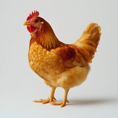 Full-body image of a chicken isolated on a white background, showcasing its feathers and natural pose.