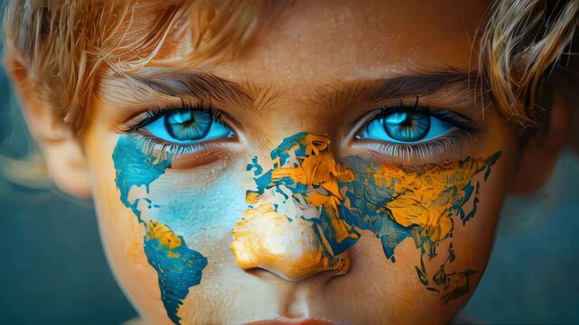 A child face painted with a vivid blue world map, highlighting continents in gold, with piercing blue eyes