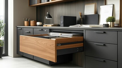 Modern Office Desk With Open Wooden Drawer And Files