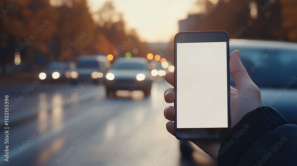 Poster hand holding smartphone with blank screen in urban setting at sunset : generative ai