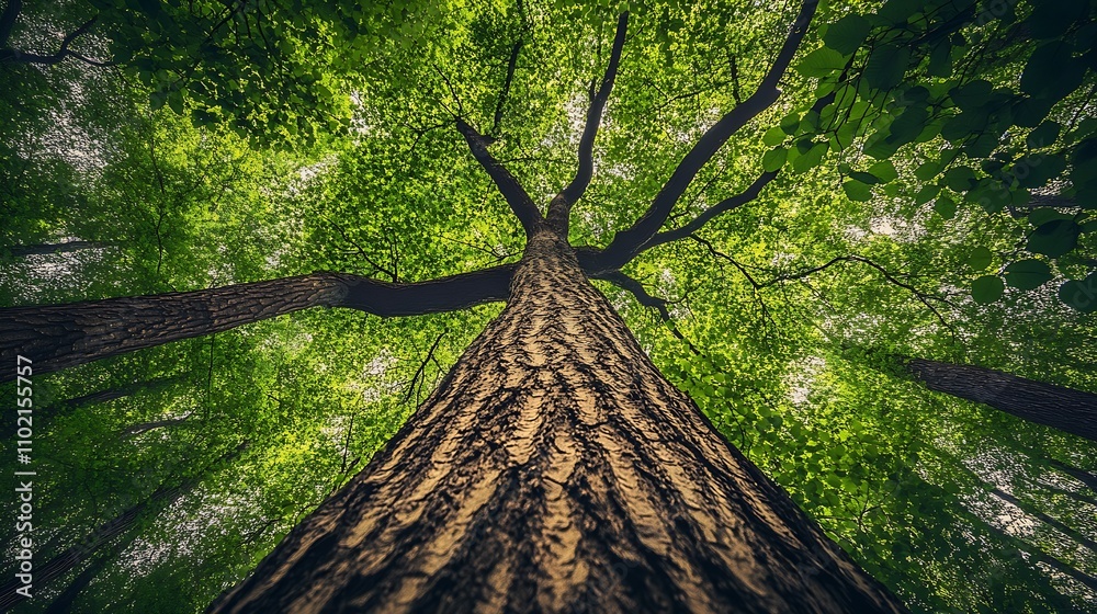 Poster majestic forest canopy view beneath towering tree with green leaves : generative ai