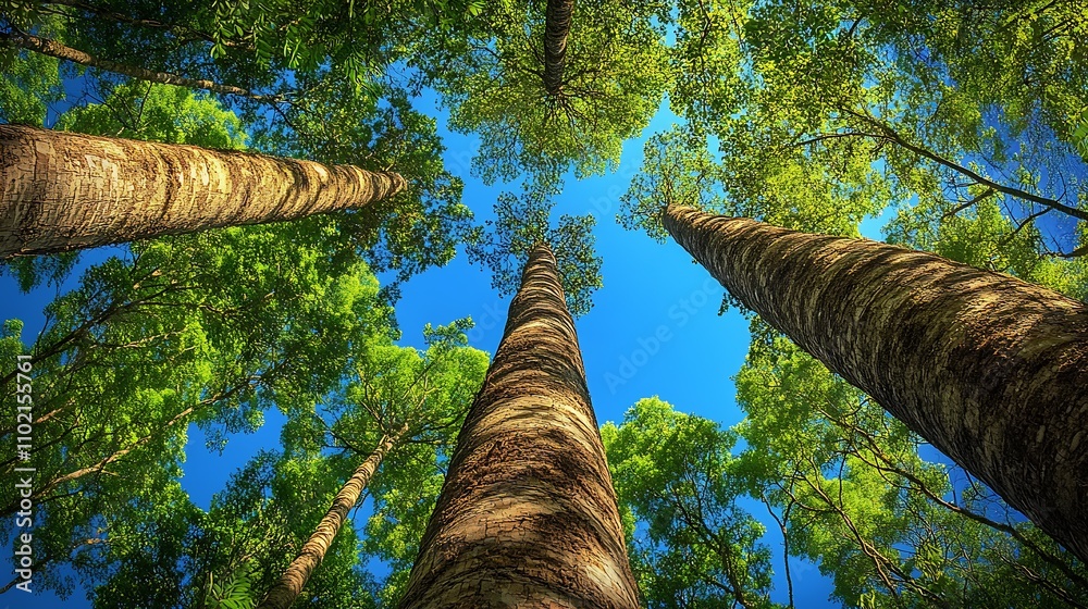 Poster imposing woodland view of towering green trees and clear blue sky : generative ai