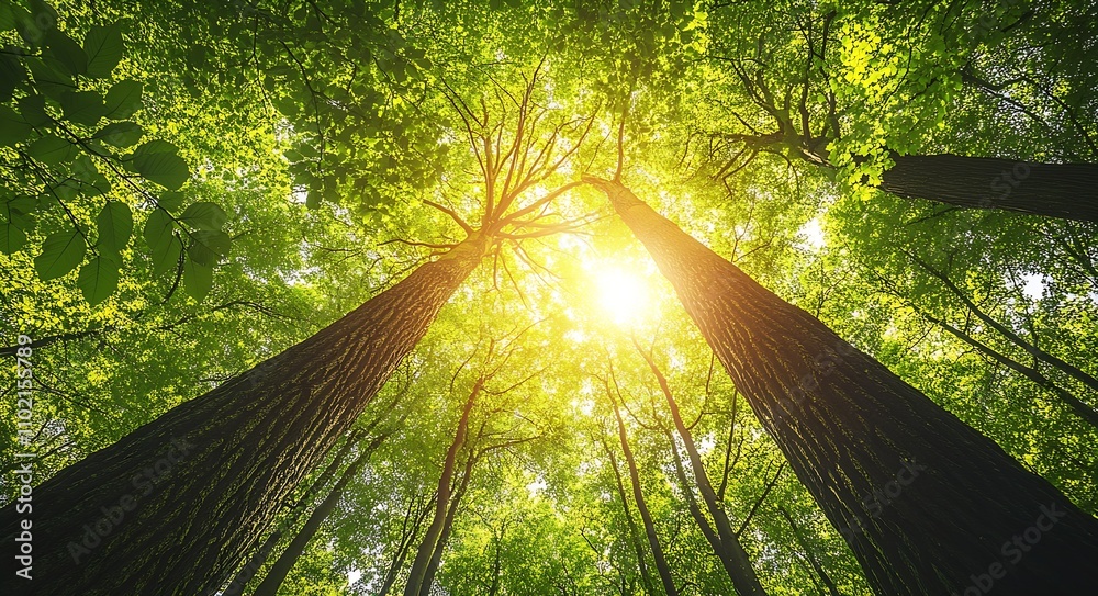 Poster Lush Green Forest Canopy with Sunlight Filtering Through Tall Trees : Generative AI