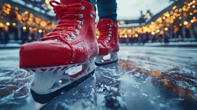 Red ice skates on a frosty rink with glowing festive lights in the background during winter