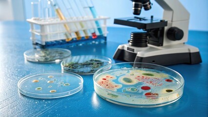 Bacteria growing on a agar plate in a blue environment with a scientific instrument, agar plate, microscope