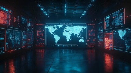 Futuristic Control Room Displays Global Data Streams
