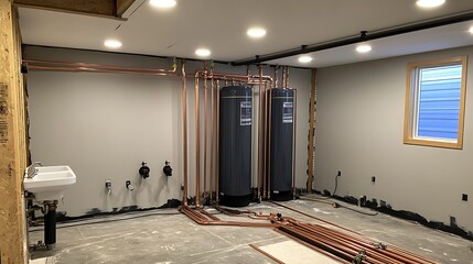 Fototapeta premium Basement with two large copper hot water tanks, copper piping, and a sink.