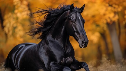 Majestic black horse running through autumnal forest