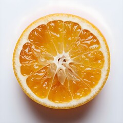 The image shows a freshly sliced orange, revealing its juicy, vibrant interior. The orange is cut in half, and the segments are clearly visible, showcasing their bright, glossy texture. The fleshy par