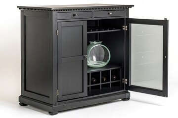 Fototapeta premium Black cabinet with a circular glass container in the center, clean lines, monochromatic color scheme, airy feel, circular glass container, serene ambiance