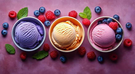 Three bowls of ice cream with blueberries and raspberries on a pink background. The bowls are of different colors and flavors