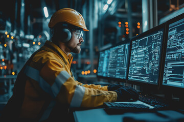 Engineer Manager monitors and controls robotic arm automation system in factory using software.