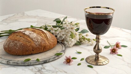 Chalice of wine placed on a marble table with a loaf of artisanal bread and fresh flowers, elegance, marble table, wine chalice