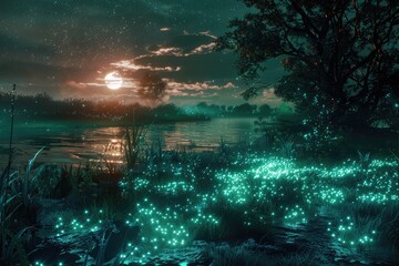 Obraz premium A Nighttime Landscape with a Full Moon, Stars, and Bioluminescent Creatures
