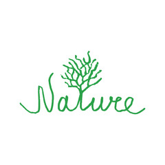 A creative design showcasing the word “Nature” written in green, intertwined with tree-like branches, representing the connection to nature and sustainability.