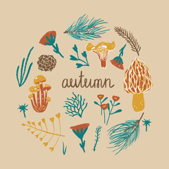 A cozy autumnal illustration featuring mushrooms, pine sprigs, and foliage encircling the handwritten word “autumn.” A perfect blend of seasonal charm and rustic elegance.