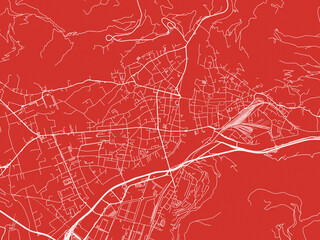 Christmas Map of Bolzano, Italy in Snowy White on Festive Red Background.