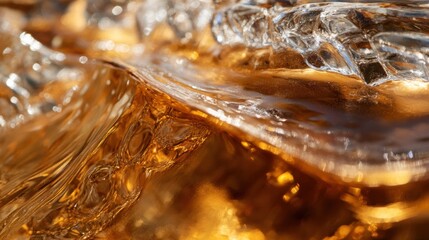 Macro shot of amber liquid and ice texture with golden reflections. Close-up photography for beverage concepts.