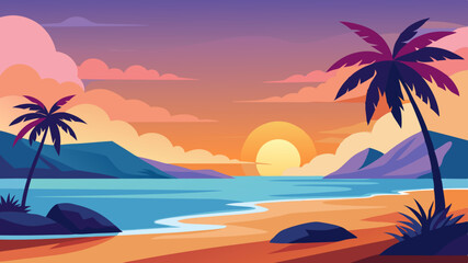 Vibrant sunset over a tropical beach with palm trees and calm waters in summer