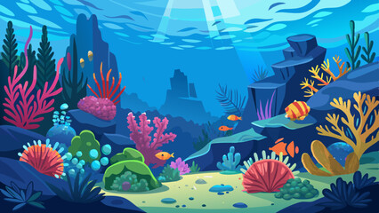 Vibrant coral reef teeming with colorful fish in deep blue ocean